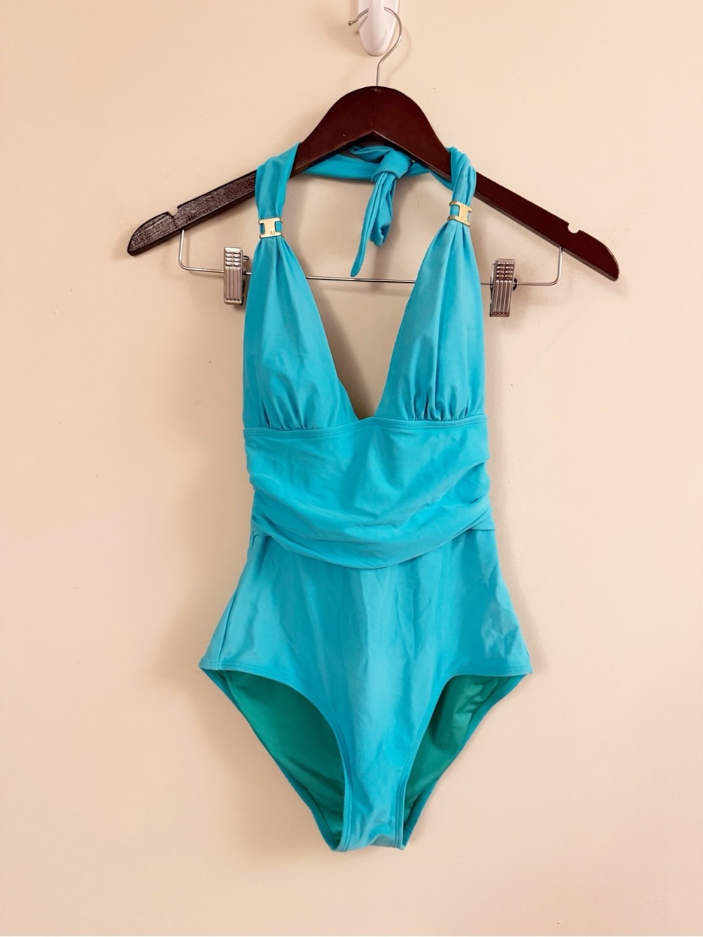 Mar by Vix Turquoise Halter Tie Neck One-Piece Swimsuit Ruched Size Small